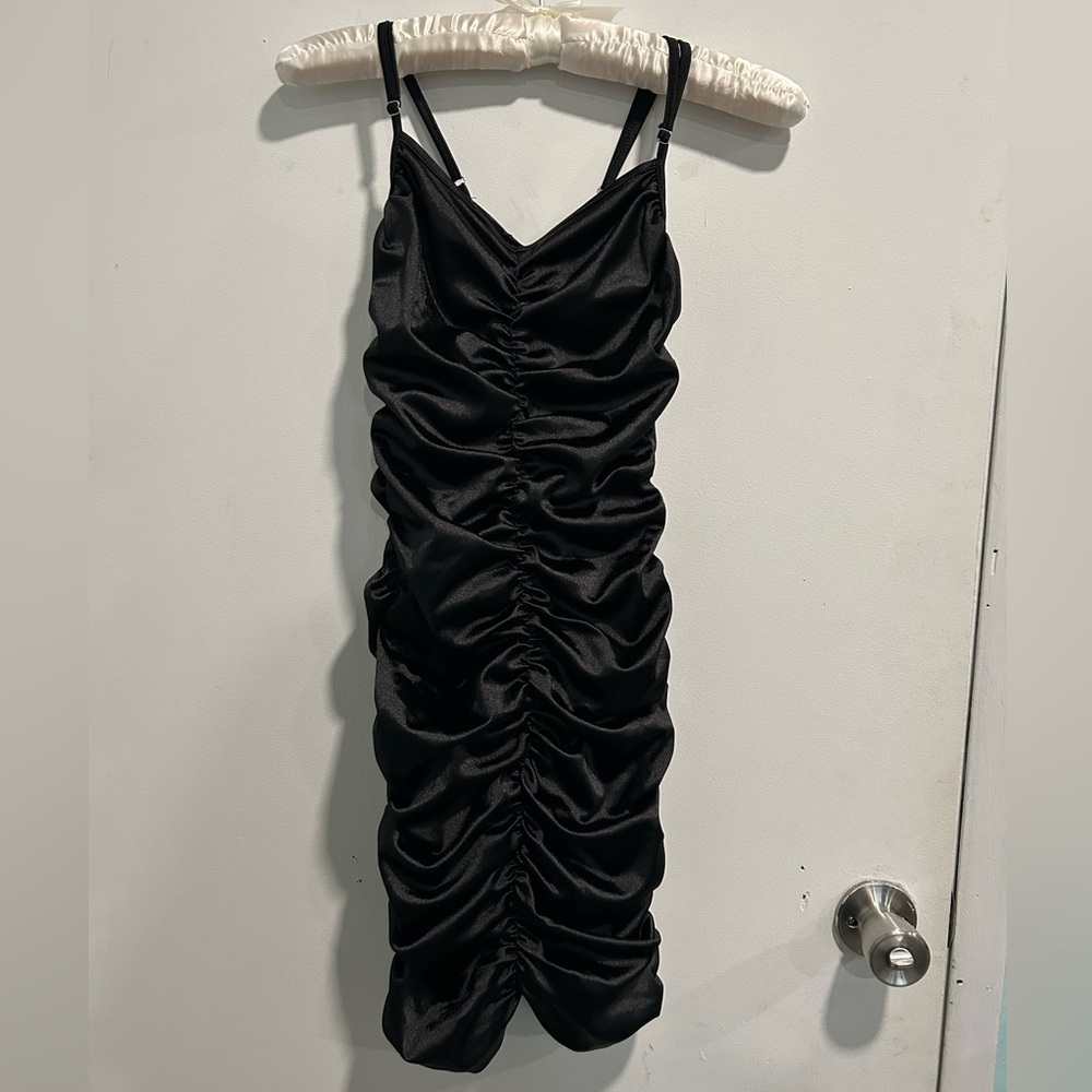 Silky Black Ruched Cocktail Mini Dress Like New Size Small